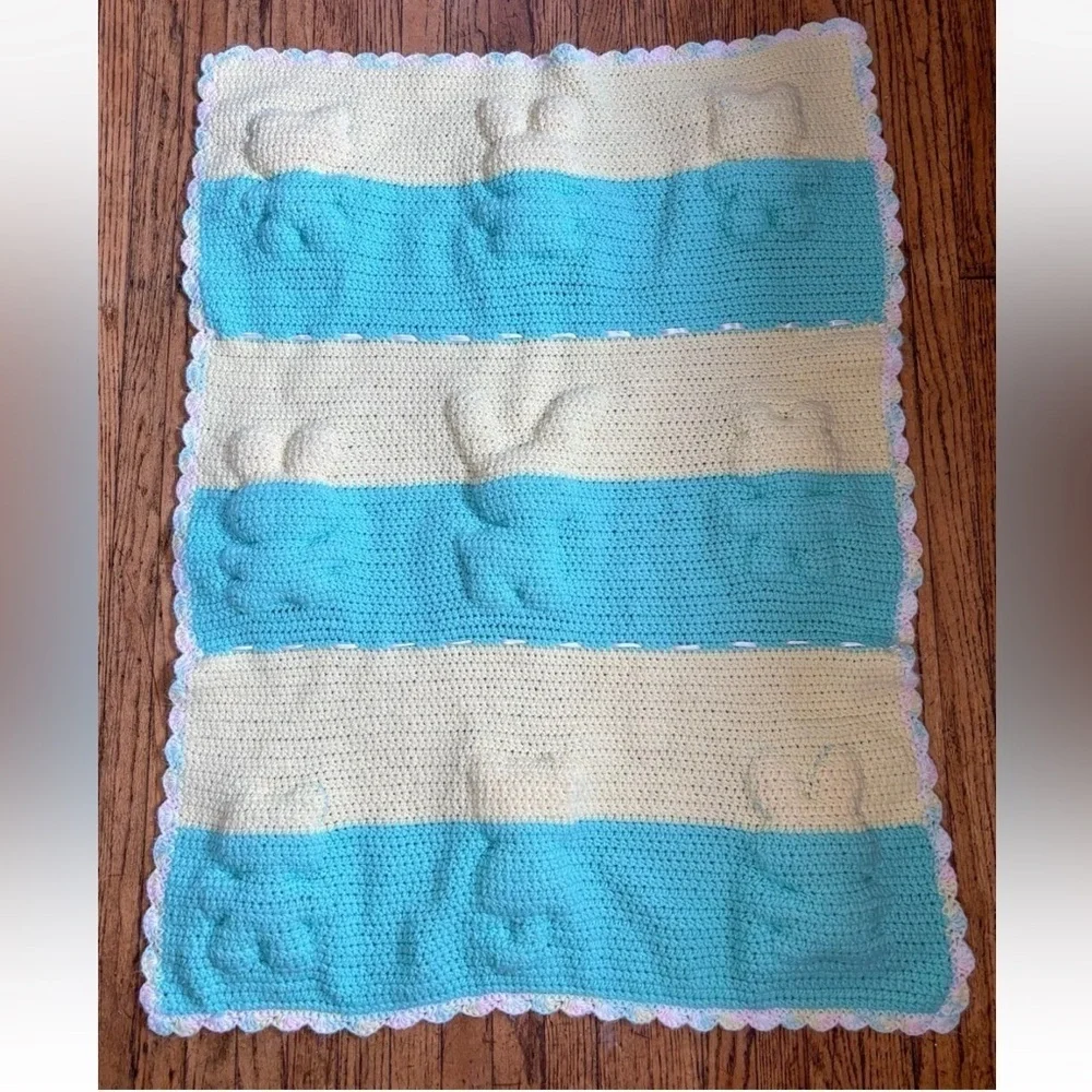 Vintage Plush Animal Applique Crochet Baby Afghan Blanket Cute Kitsch Nursery